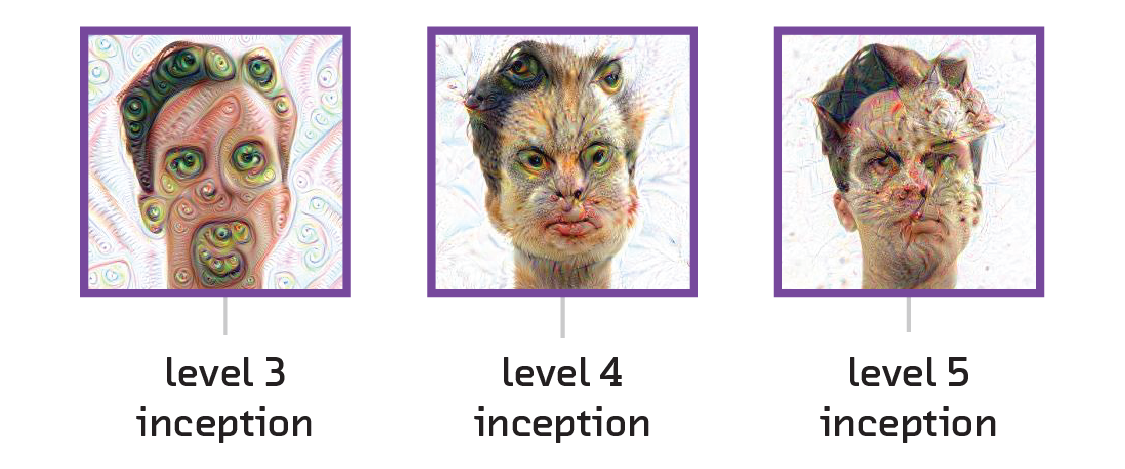 Resulting images from deepdream by setting the guide image at different layer depths in the neural network.  Deeper layers contain more complex and abstract features.